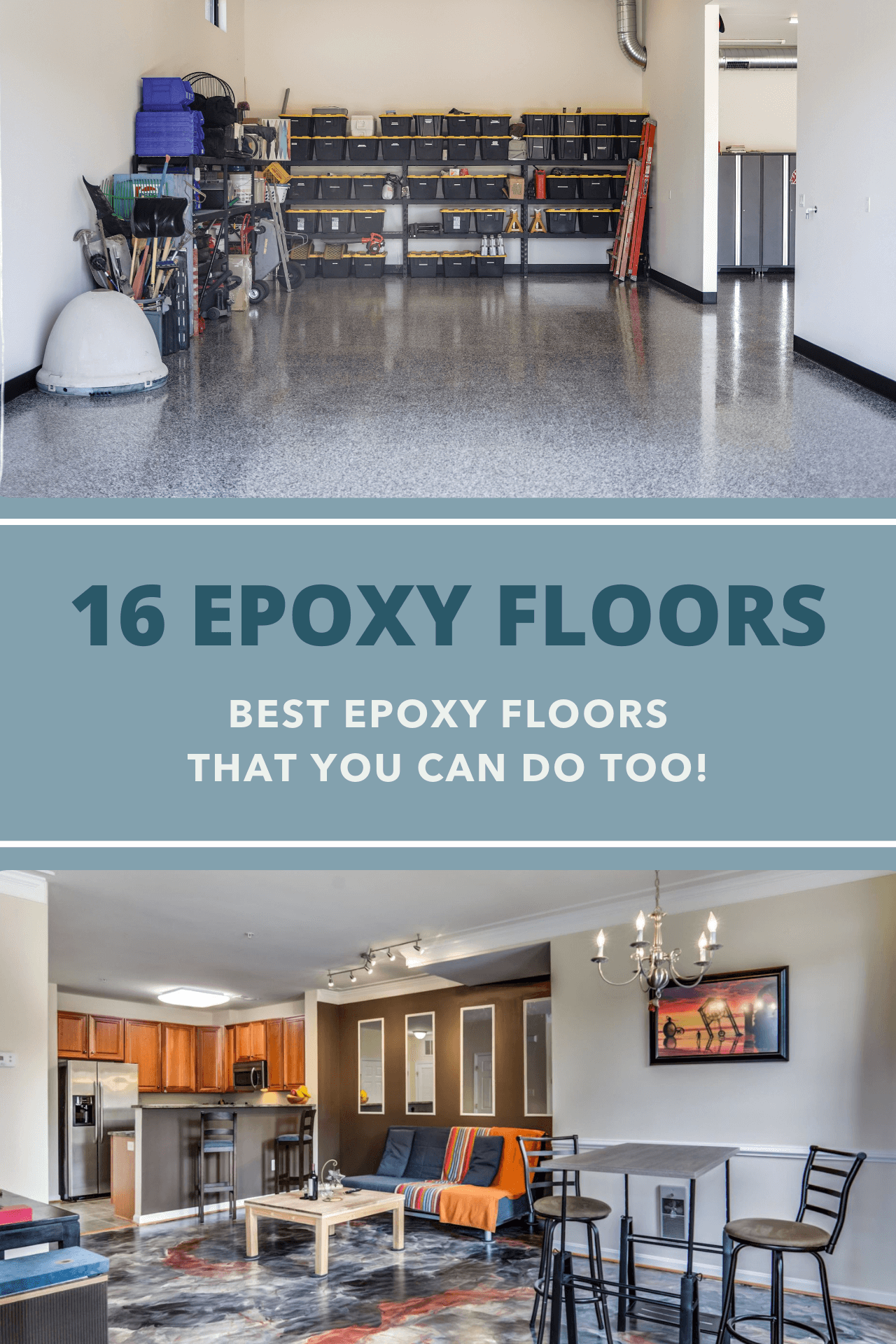 16 Epoxy Floors - Best Epoxy Floors That You Can Do Too. Featured image with a flake epoxy garage floor and an indoor space with an amazing epoxy floor