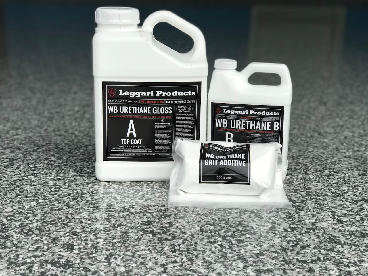 WB urethane gloss top coat (Part A and Part B) shown with optional WB urethane grit additive.