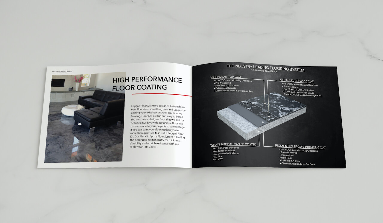 High-Performance floor coating brochure showing Leggari's industry-leading flooring system.