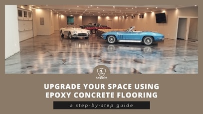 A garage coated with epoxy concrete floors showcasing two beautiful classic cars.